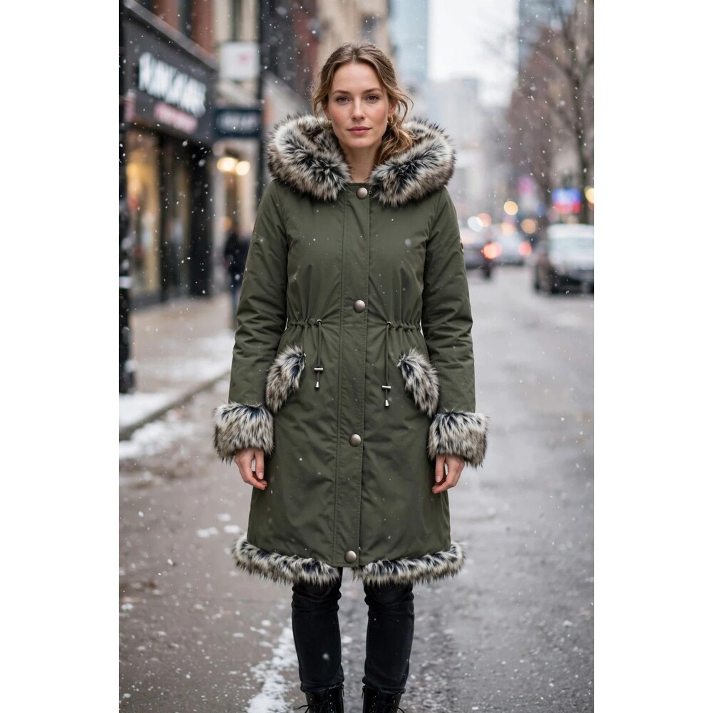 NWT Donna Slayers Fabulous Furs Women Olive Green Storm Coat Parka Lynx Faux Fur
